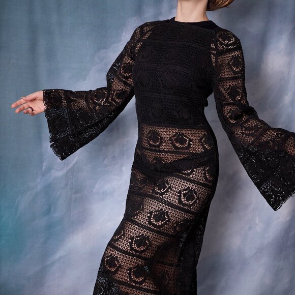 Vintage Dresses & Skirts - Amazing 70's Vintage Cotton Lace Maxi Dress in Black